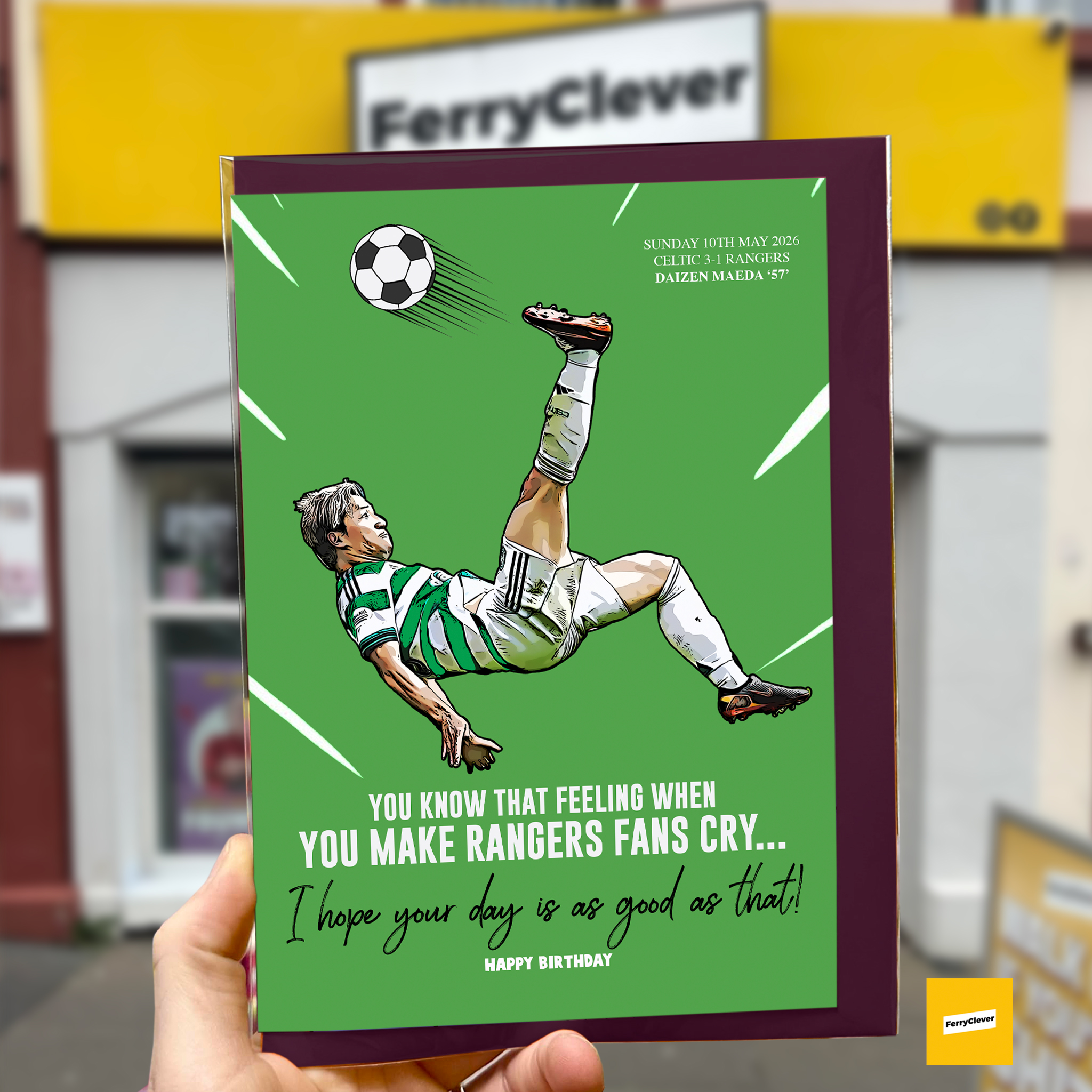 Daizen Maeda Birthday Card | Celtic Birthday Card | Irish Birthday Card | Over head kick Rangers | Derry Cards
